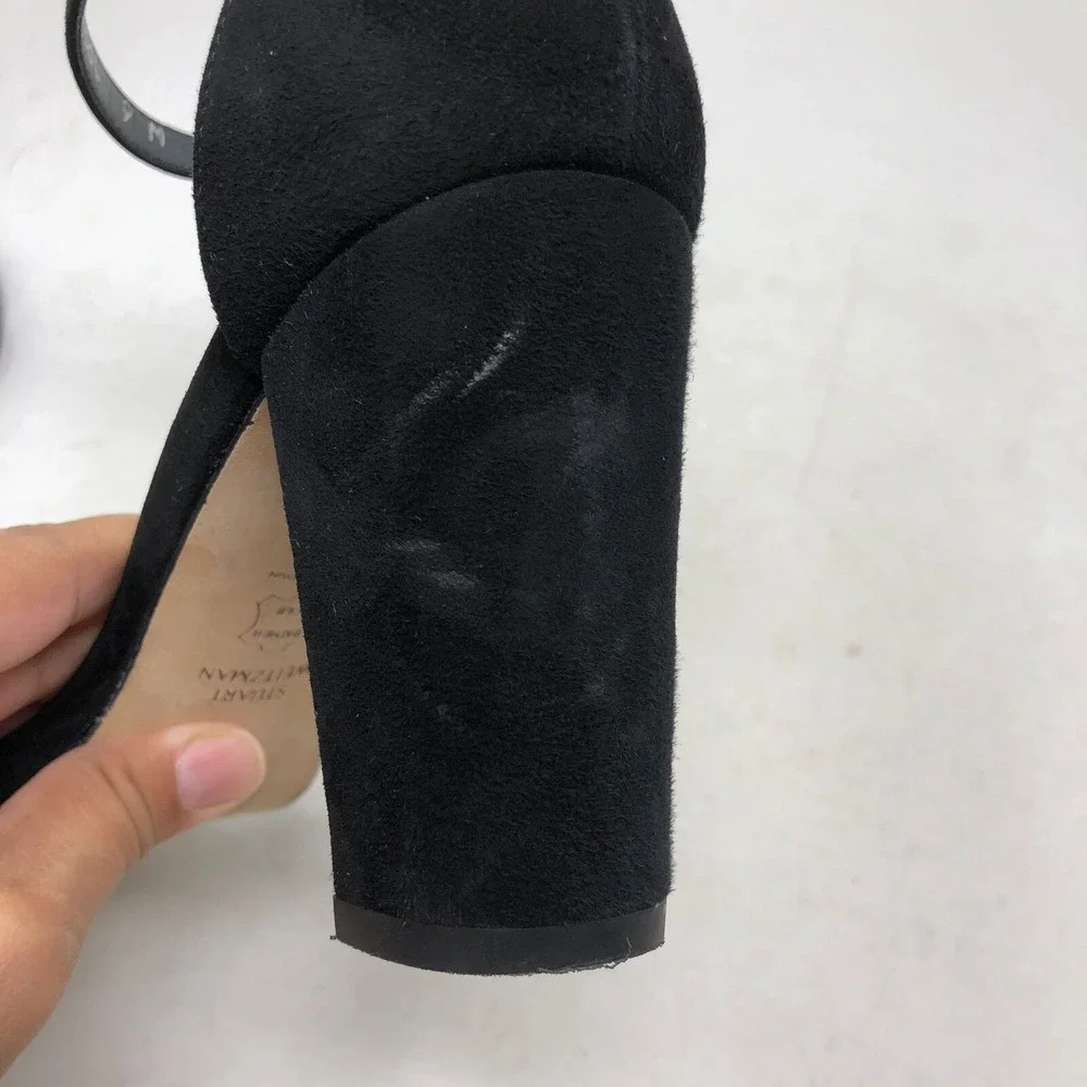 Stuart Weitzman Nearly Nude Strappy Block Heels Womens 9 Black Suede Going Out‎